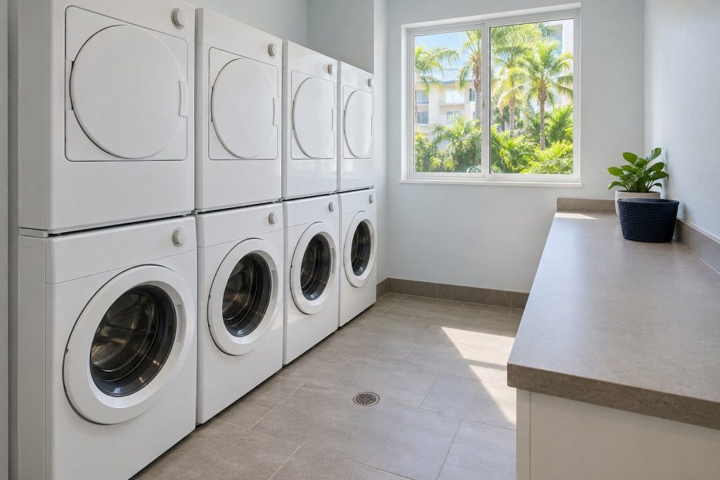 A shared laundry room in a residential building with a row of four identical white front-load washing machines along one wall and dryers above them, a folding counter opposite, empty of people.