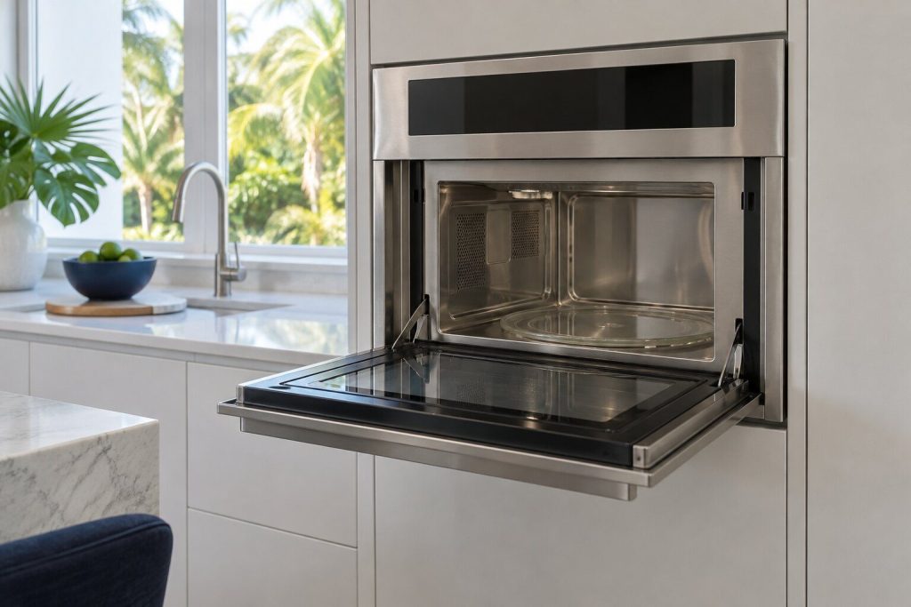 A stainless built-in microwave fitted into a tall pale cabinet with its door hinged down like an oven door rather than swinging sideways, the cavity empty.