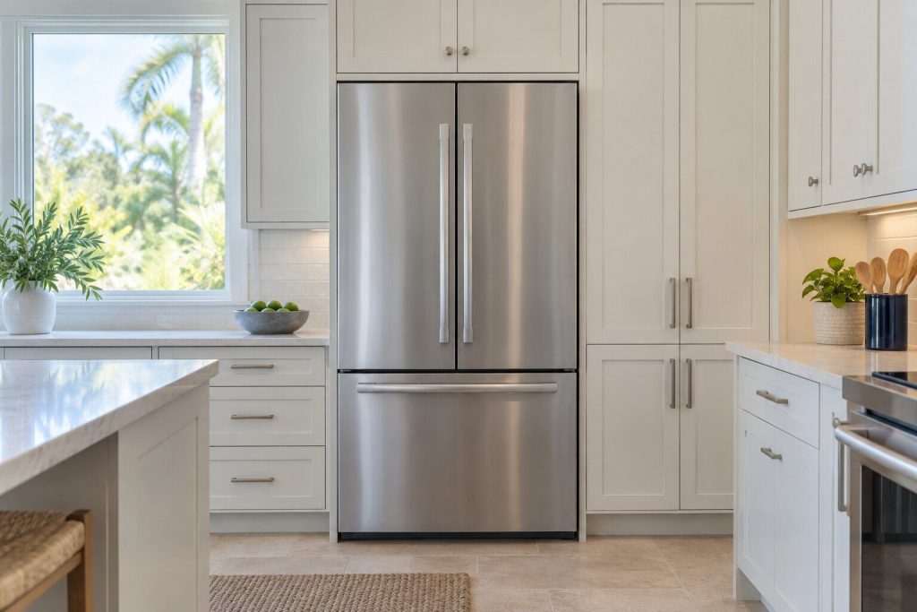 A stainless counter-depth French-door refrigerator set flush into a run of pale painted cabinets so its doors sit level with the fronts, seen square on from a few feet back, doors closed.