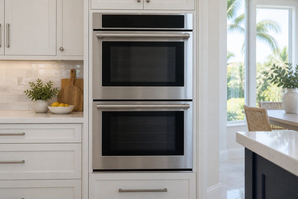 A stainless double wall oven built into a tall pale cabinet, both doors closed, the upper cavity at chest height, seen square on.