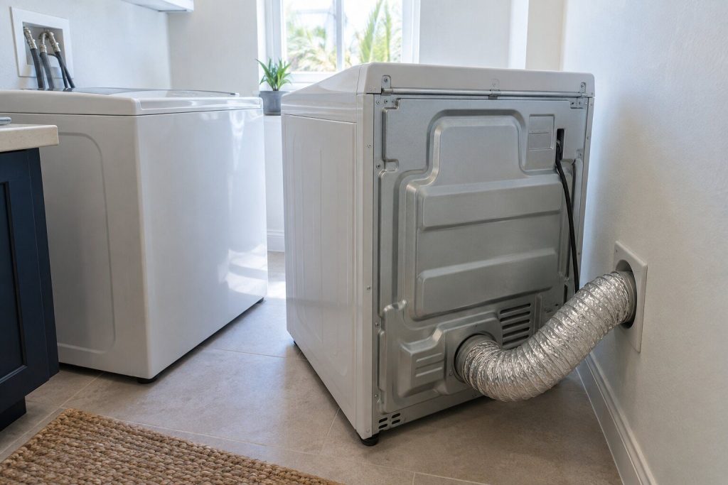 The back of a dryer pulled forward from a laundry closet wall, its flexible vent hose visible running to the wall outlet, the washer beside it.