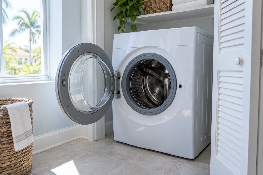A front-load washing machine in a laundry closet with its round door standing open, the gray rubber gasket around the opening plainly visible, tiled floor.