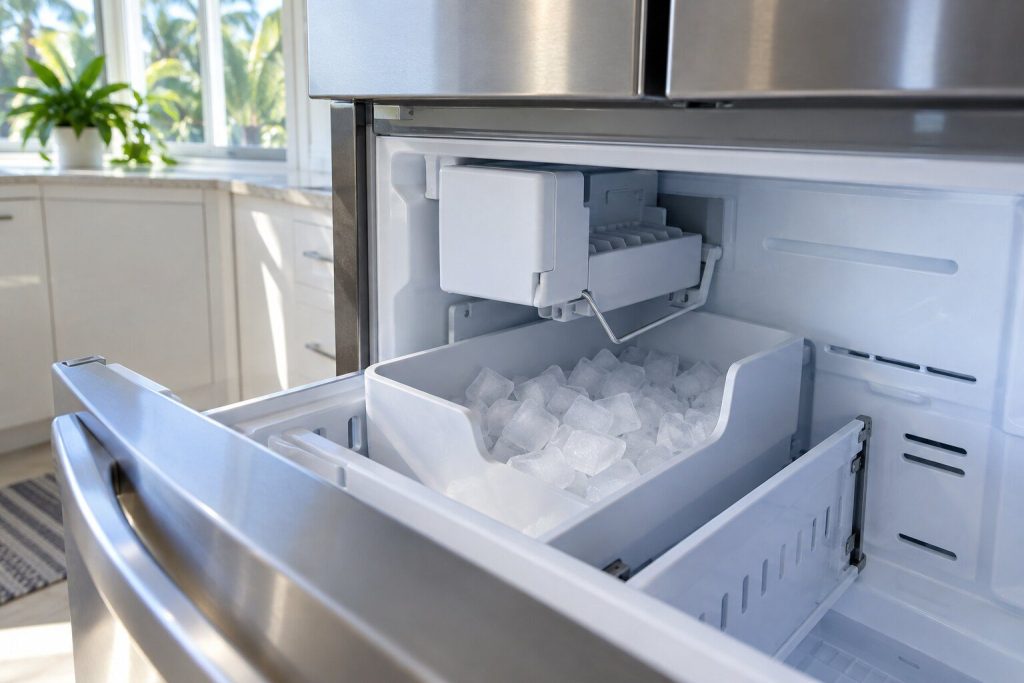 The ice-making module in the upper left of an open freezer drawer, its white plastic housing and bin-level arm visible, cubes in the bin below.
