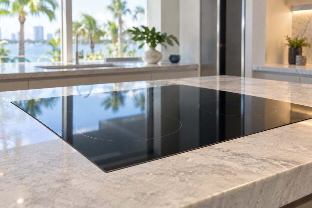 A black glass induction cooking surface set flush into a pale stone counter, seen from a low angle across the counter, nothing standing on it, the zone outlines faintly visible.