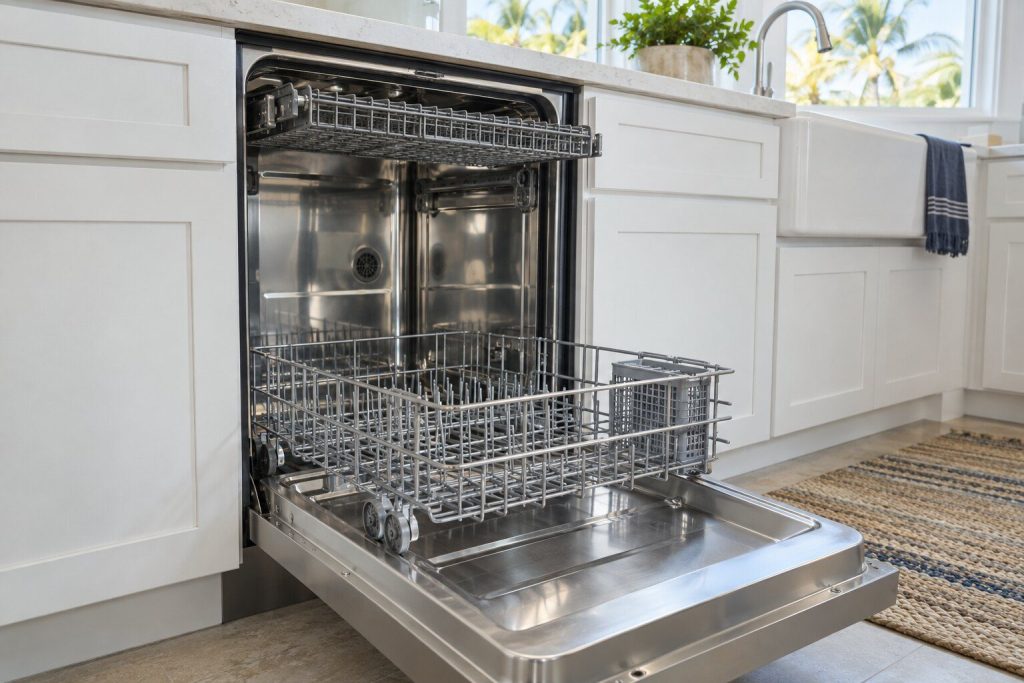 A built-in dishwasher with its door fully open showing a stainless steel tub, the lower rack drawn out and a narrow third rack across the top, clean and empty.