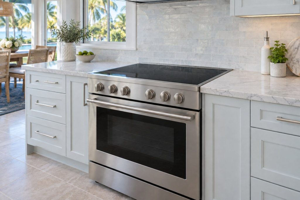 A 36-inch stainless freestanding induction range set between pale cabinets, its smooth black glass cooking surface clean and empty, front control knobs along the fascia.