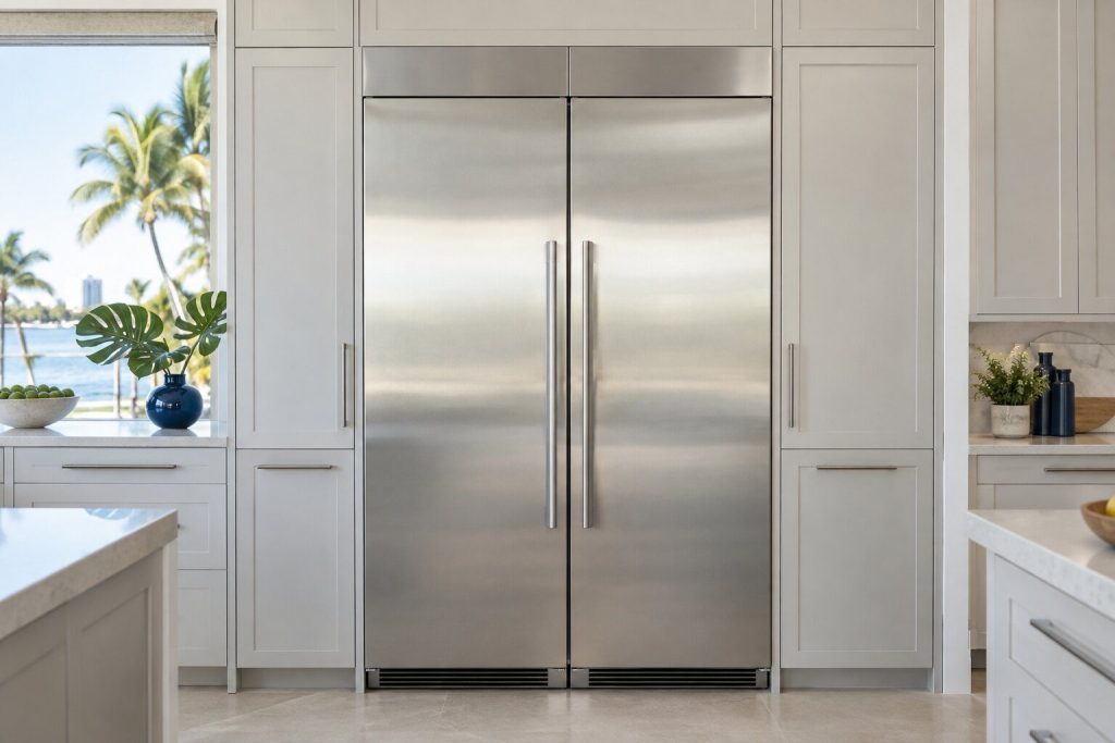 Two tall stainless columns of identical width standing side by side in a run of pale cabinetry, a single trim panel across the tops of both, doors closed, seen square on.
