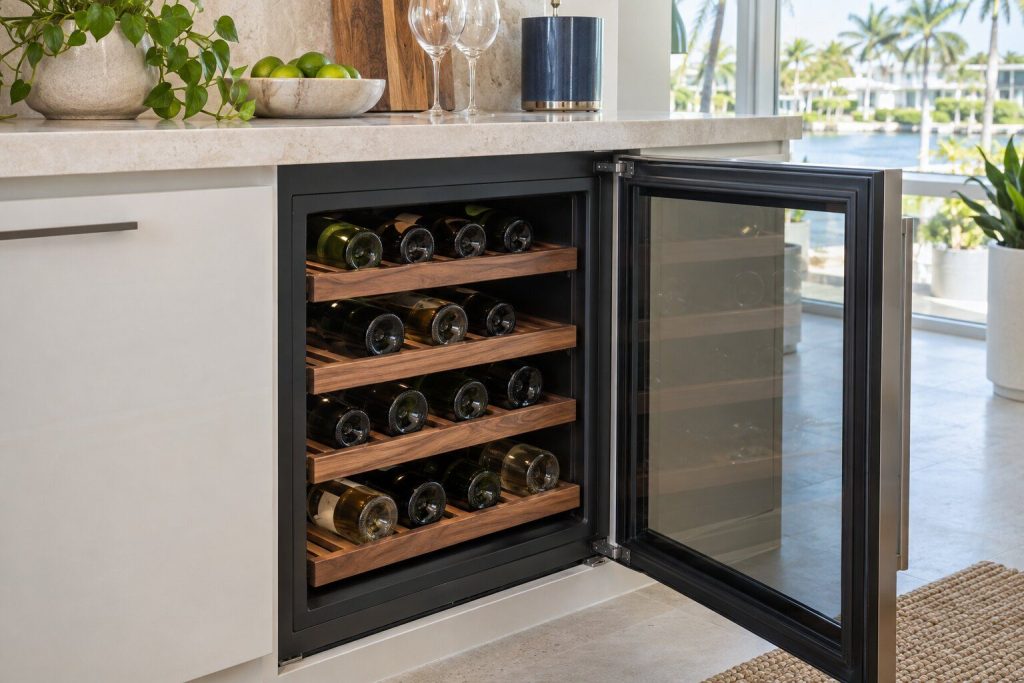 A 24-inch glass-fronted wine cabinet built in under a pale stone counter, its door open to show wide walnut-slat shelves with bottles lying on their sides.