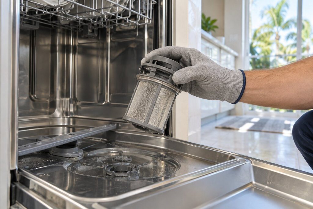 A cylindrical dishwasher filter twisted out and held in one gloved hand above the open tub, the flat glass trap still in place below it.