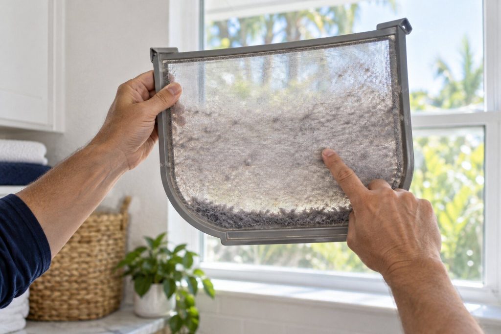 A lint screen held up to a window with light behind it, one hand pointing at the film across the mesh.