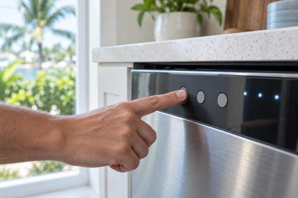 A finger held on one button of a lit appliance control panel, held long rather than tapped, the rest of the panel unresponsive.