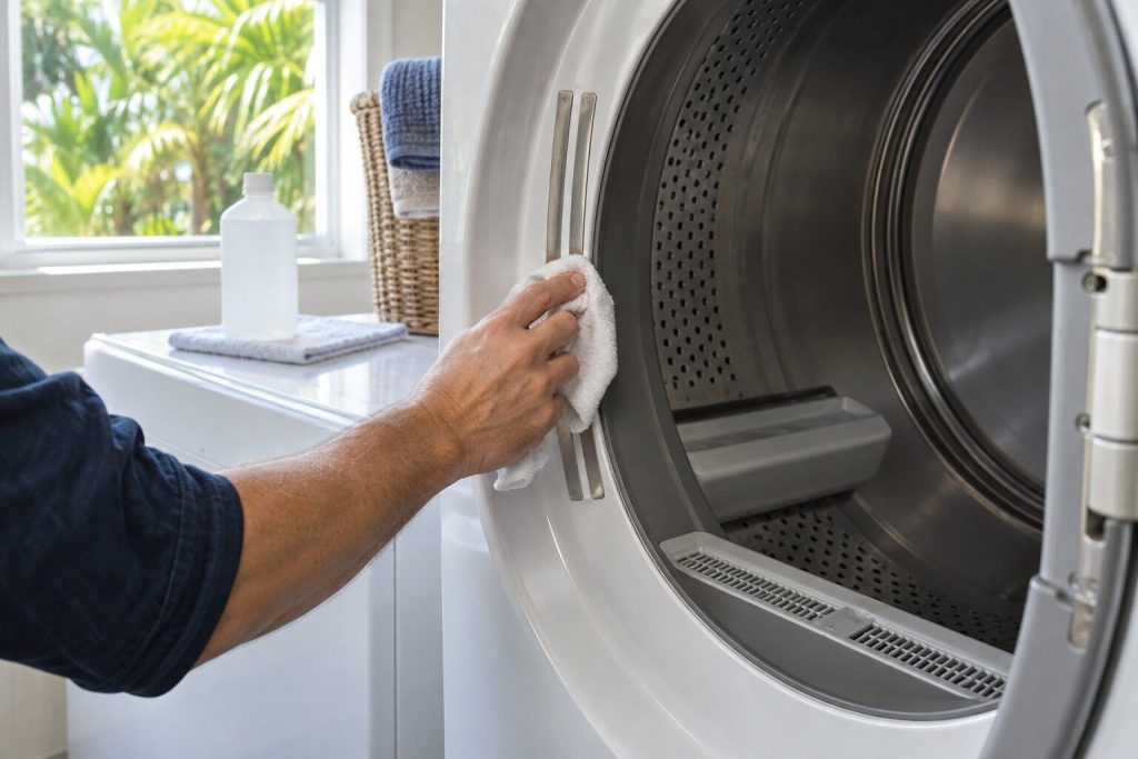 A cloth wiping along two metal sensor strips inside the front of a dryer drum, a small bottle of rubbing alcohol on the machine top.