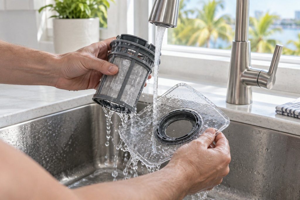 Two hands rinsing a cylindrical dishwasher filter and a flat glass trap under a running kitchen tap.