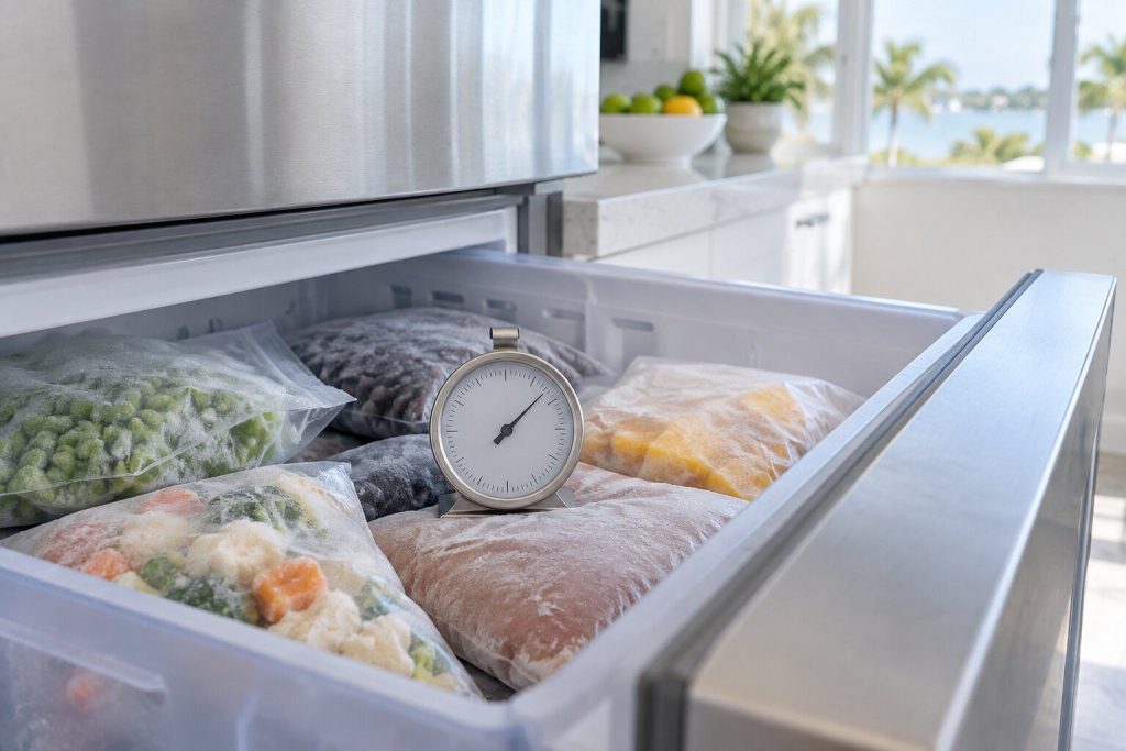 A dial thermometer standing among packets in an open freezer drawer in a kitchen lit only by daylight through a window.