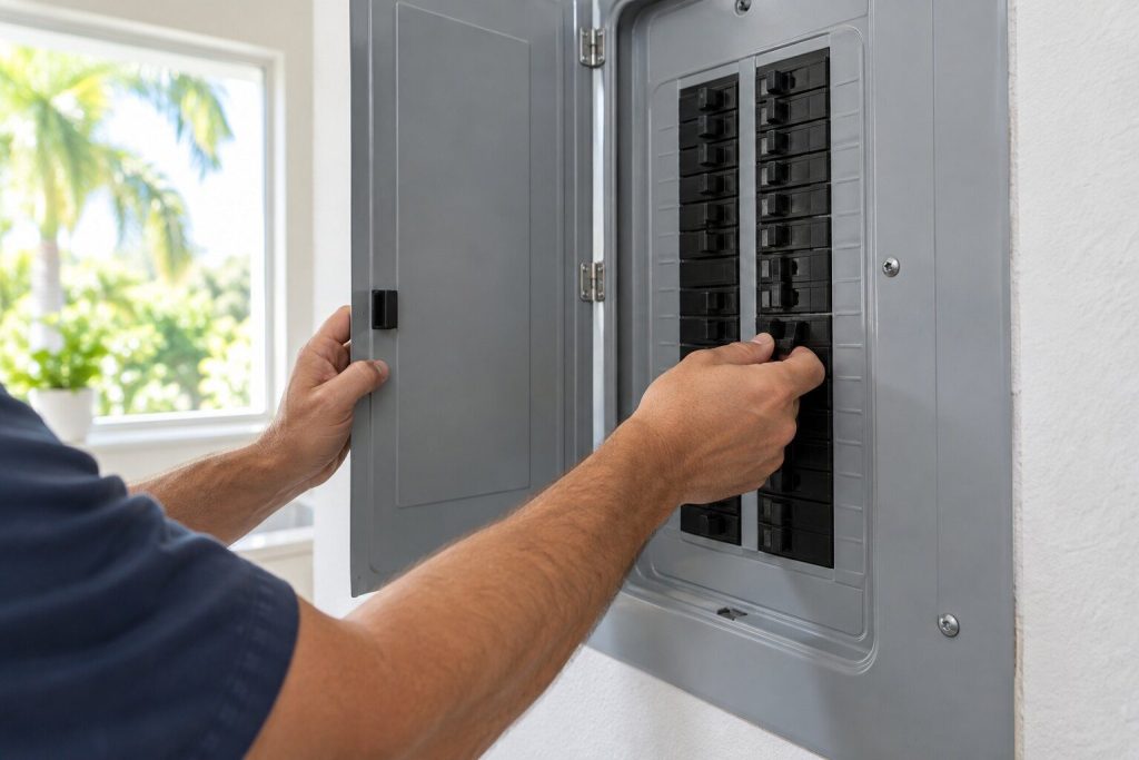 A hand switching off a double breaker in an open panel, the panel door held back with the other hand.