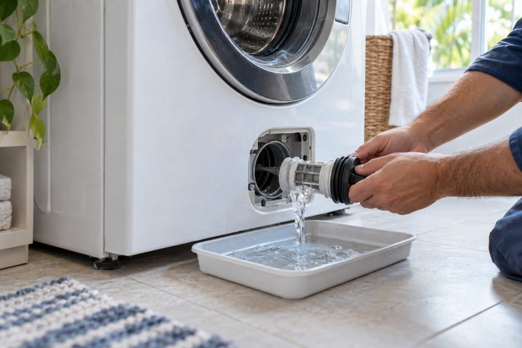 A drain pump filter unscrewed out of the bottom front of a front-load washer over a shallow tray, water running into it.