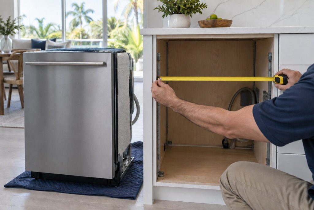 A tape measure held across the opening of an empty built-in appliance cabinet, the appliance standing on the floor beside it.