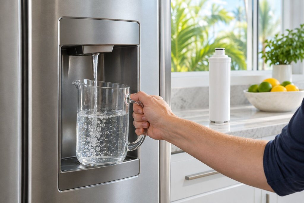 A measuring jug held under a refrigerator door dispenser filling with water, a new filter cartridge standing on the counter behind.