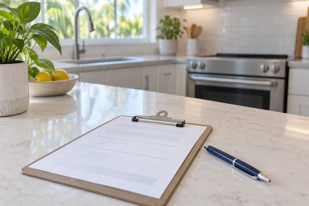 A printed quote on a clipboard resting on a pale kitchen counter beside a pen, an appliance front out of focus behind.