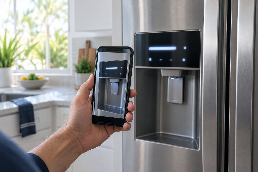 A phone held up photographing the control panel of a refrigerator, the panel lit, the phone screen showing the same panel.