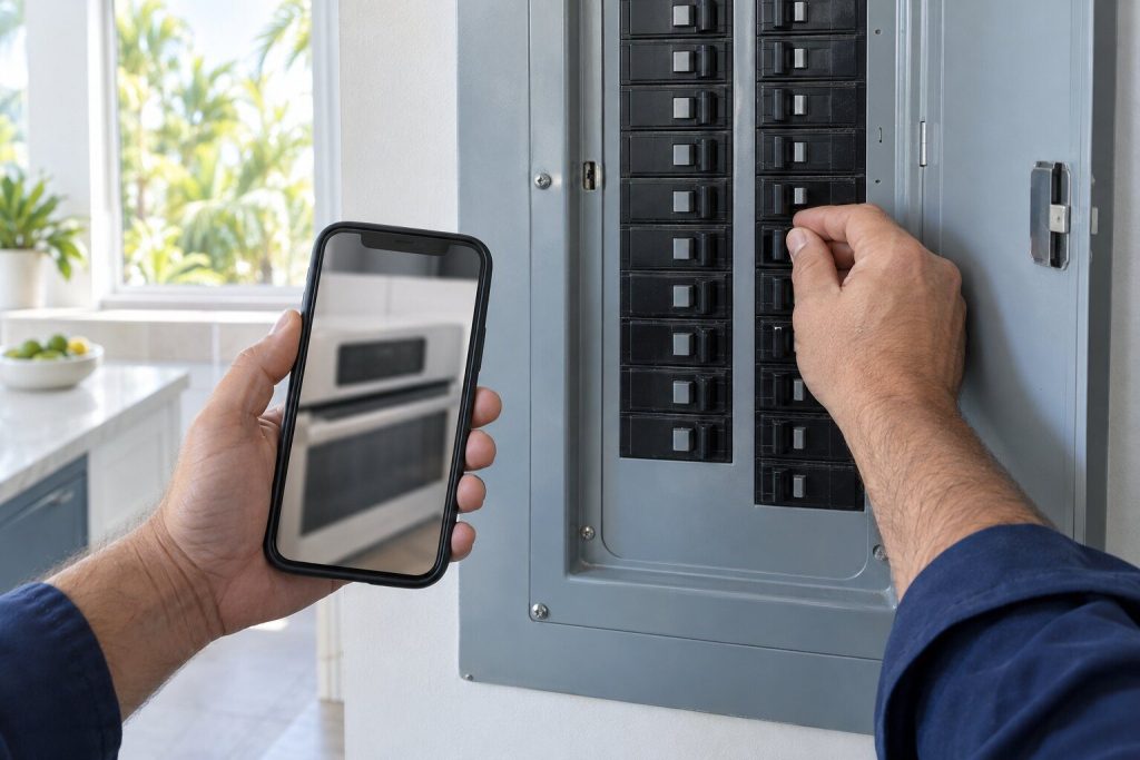 A hand at an open breaker panel with one double breaker switched off, a phone in the other hand showing a photograph of an appliance display.