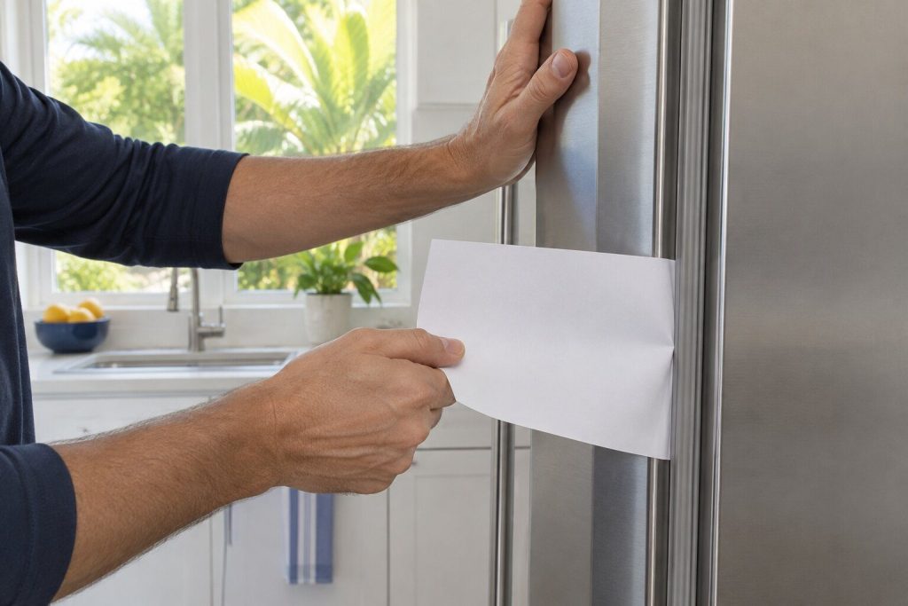 A sheet of paper closed in a refrigerator door with one hand pulling it while the other steadies the door.