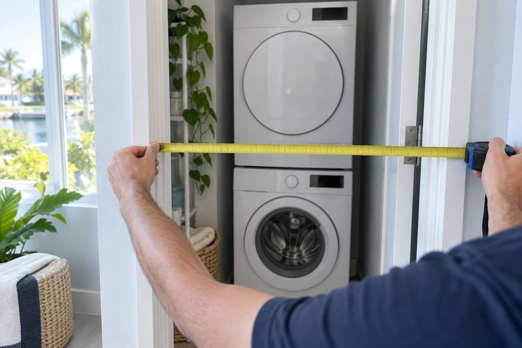 A tape measure held across the width of a laundry closet doorway with a stacked 24-inch pair visible inside.