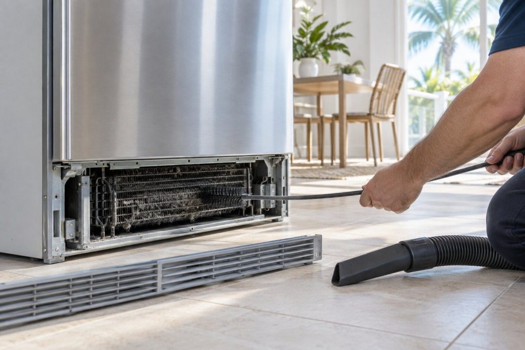 A long coil brush fed into the condenser behind a removed base grille of a refrigerator, a vacuum nozzle beside it on the floor.