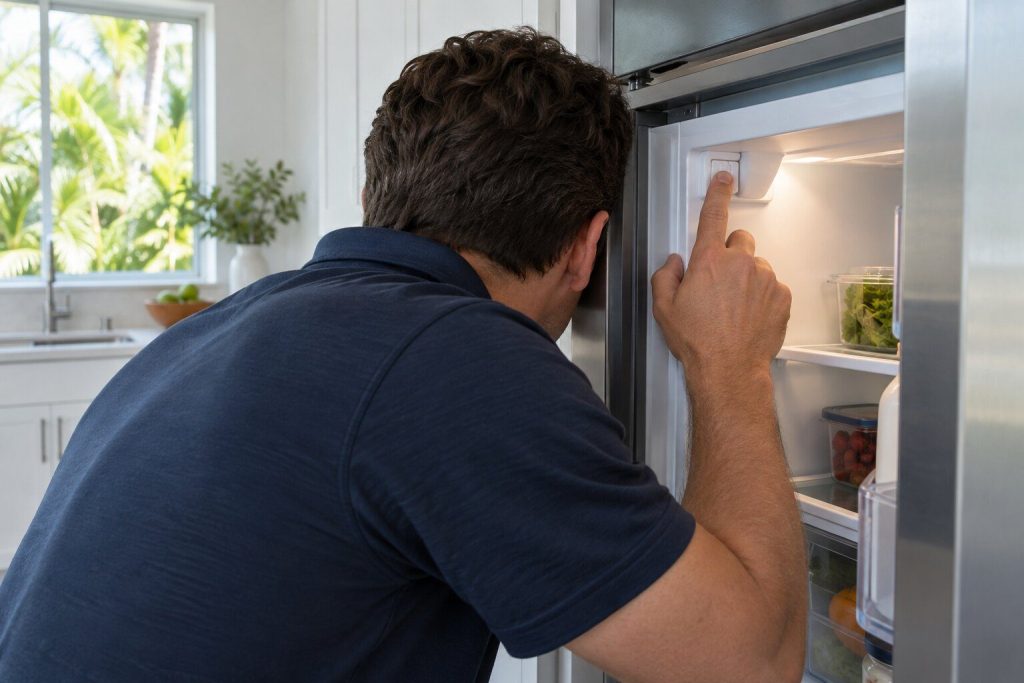 A hand holding a refrigerator door switch in while the person leans close to the open cabinet, listening.