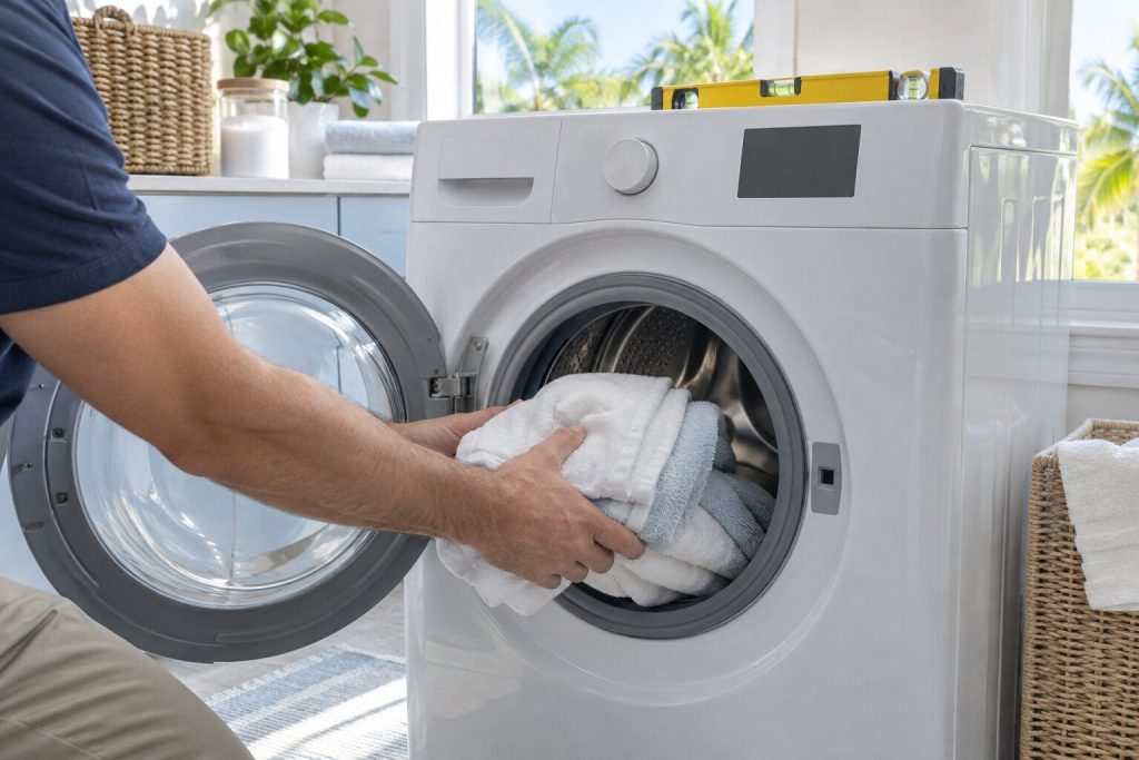 A small load of towels being placed into the drum of a front-load washer, a spirit level lying on the machine top.