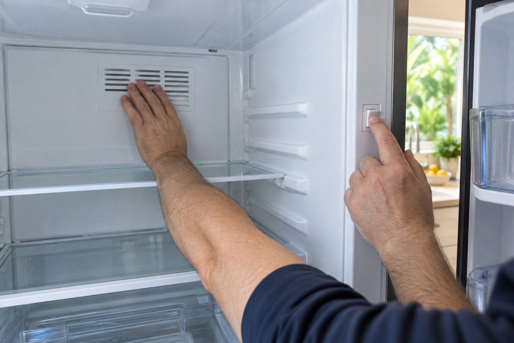 A hand holding in the door switch of an open refrigerator while the other hand rests on the rear vent inside the fresh-food compartment.
