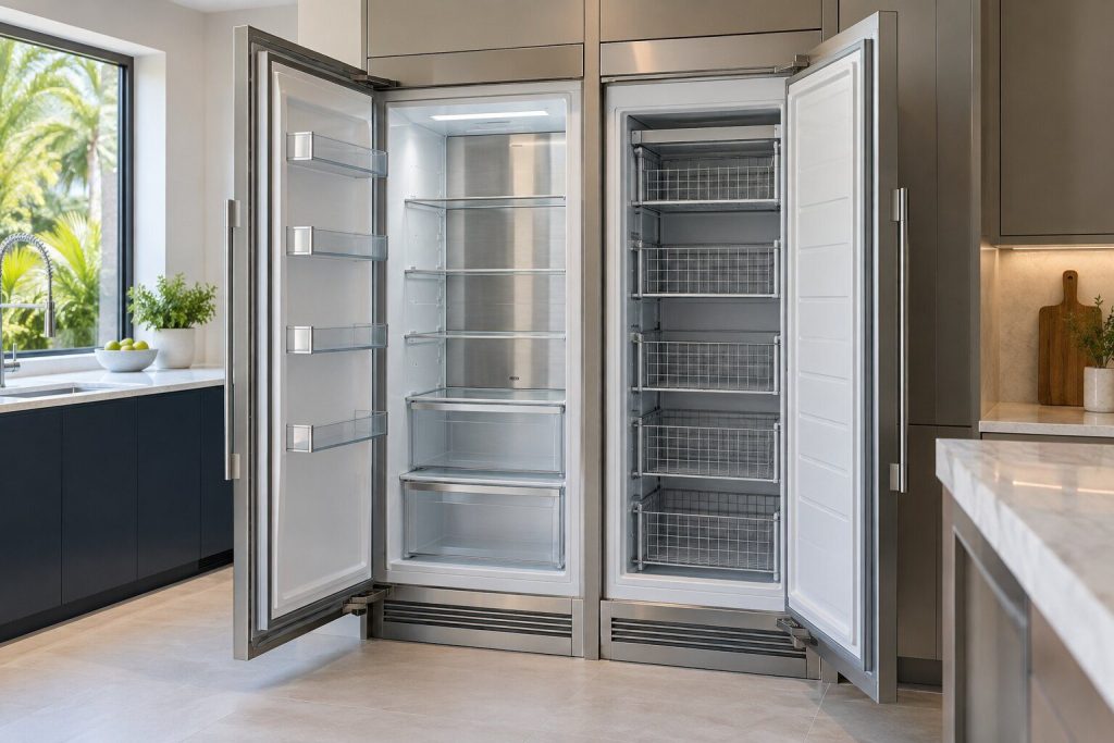 Two tall stainless appliance columns side by side with both doors open at once, showing shelves on one side and wire freezer baskets on the other.