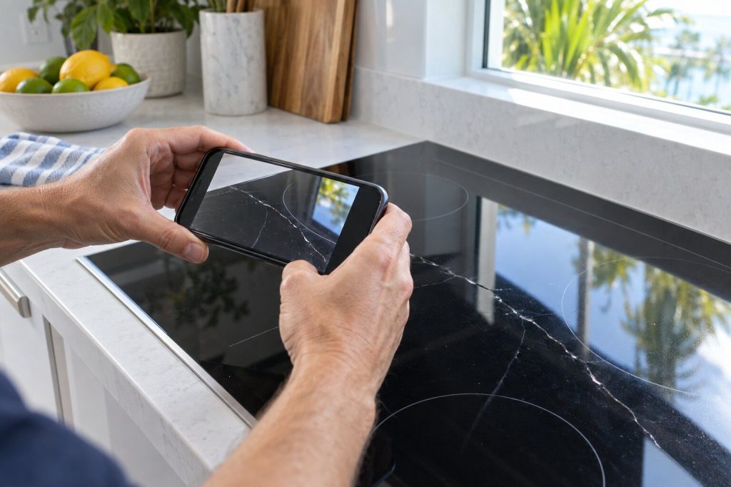 A phone photographing a crack running across a black glass induction surface, the phone screen showing the same crack.