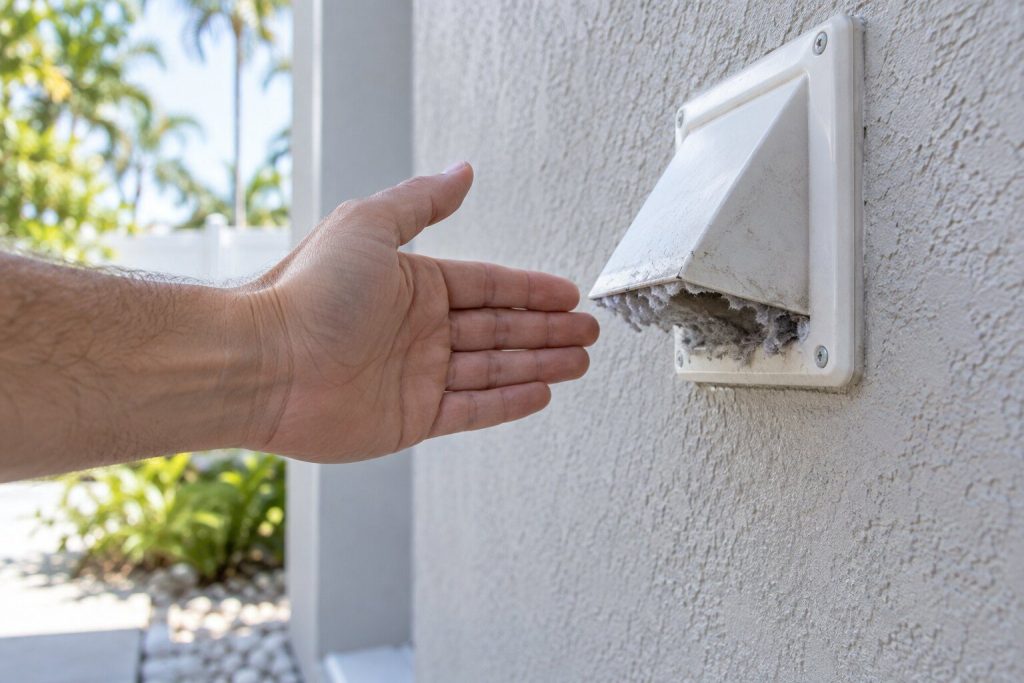 A hand held in front of an outside dryer vent flap on a stucco wall, the flap standing barely open, lint around its edge.