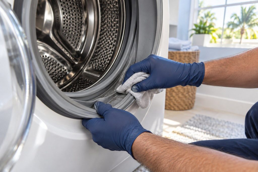 Gloved fingers holding open the fold at the bottom of a front-load washer gasket while the other hand wipes it with a cloth.