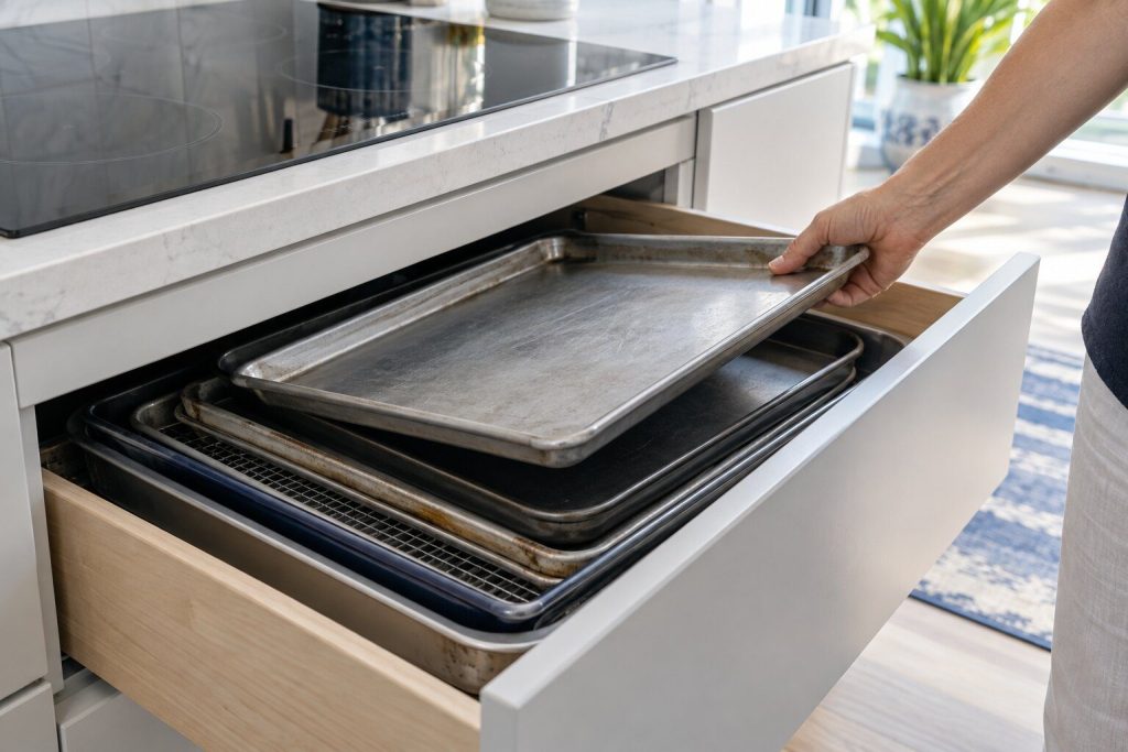 A drawer below an induction cooktop pulled fully open and packed to the top with baking trays, a hand lifting the top one out.