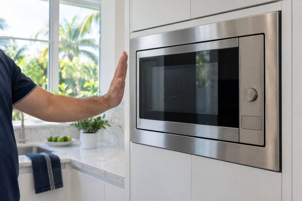 A built-in microwave standing with its outer case still fully on and a hand held flat against it, palm out, nothing opened.