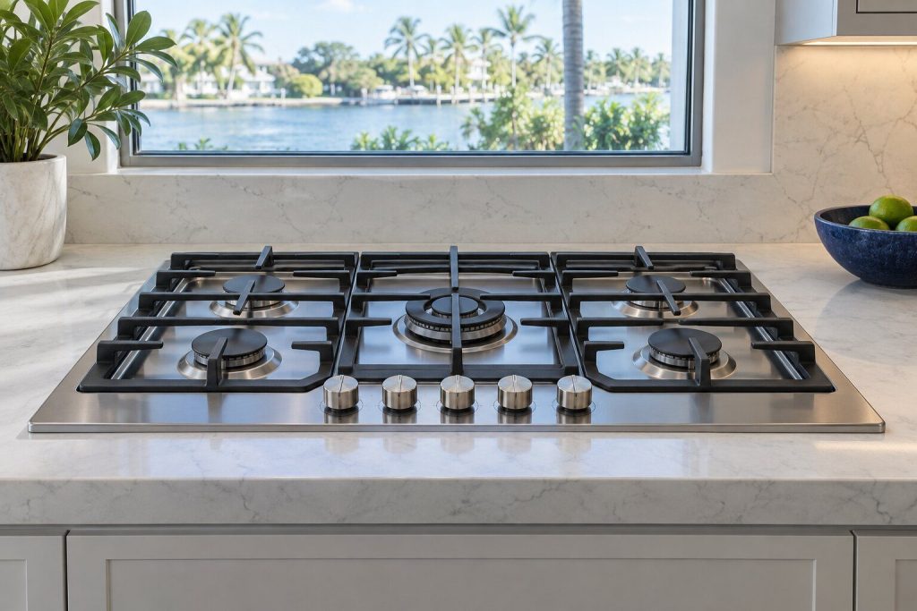 A 30-inch gas cooktop set flush into a pale stone counter, seen from a low angle, nothing on it, seen square on from a few feet back.