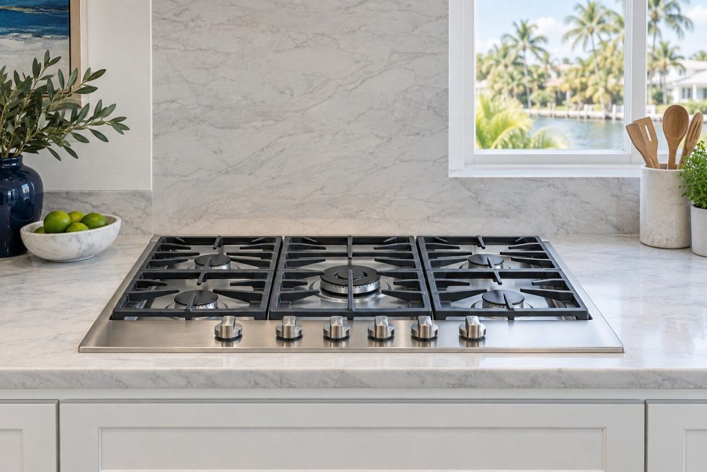 A 36-inch gas cooktop set flush into a pale stone counter, seen from a low angle, nothing on it, seen square on from a few feet back.