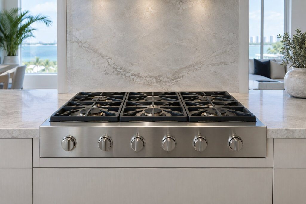 A 36-inch gas rangetop set flush into a pale stone counter, seen from a low angle, nothing on it, seen square on from a few feet back.