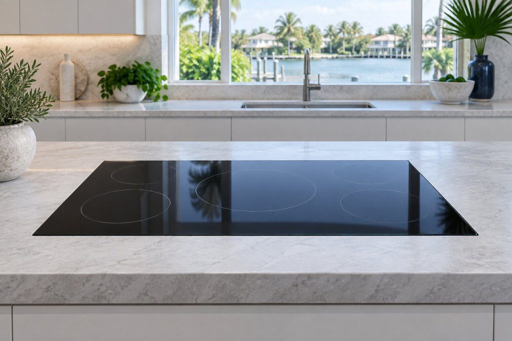 A 30-inch induction cooktop set flush into a pale stone counter, seen from a low angle, nothing on it, seen square on from a few feet back.
