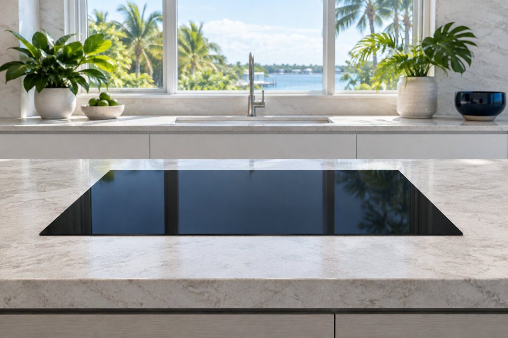 A 36-inch induction cooktop set flush into a pale stone counter, seen from a low angle, nothing on it, seen square on from a few feet back.