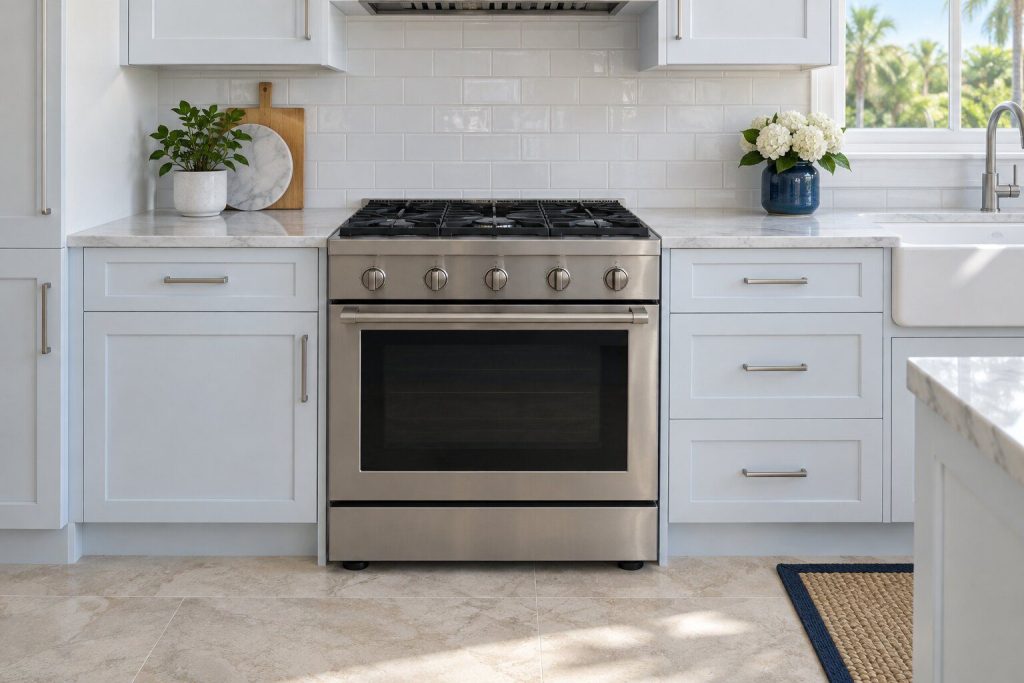 A 30-inch dual-fuel freestanding range set between pale cabinets in a bright kitchen, its cooking surface clean and empty, seen square on from a few feet back.