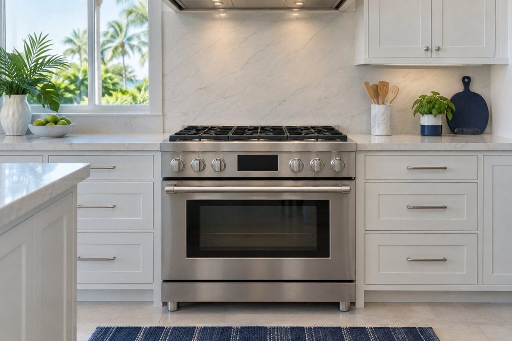 A 36-inch dual-fuel freestanding range set between pale cabinets in a bright kitchen, its cooking surface clean and empty, seen square on from a few feet back.