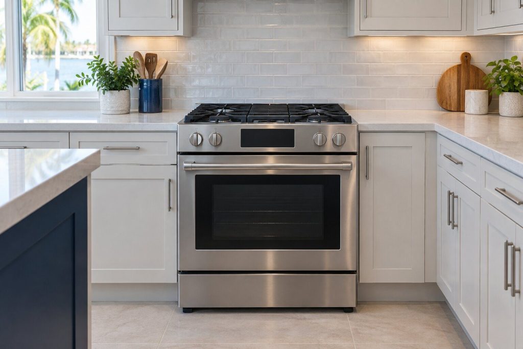A 30-inch front control freestanding gas range set between pale cabinets in a bright kitchen, its cooking surface clean and empty, seen square on from a few feet back.