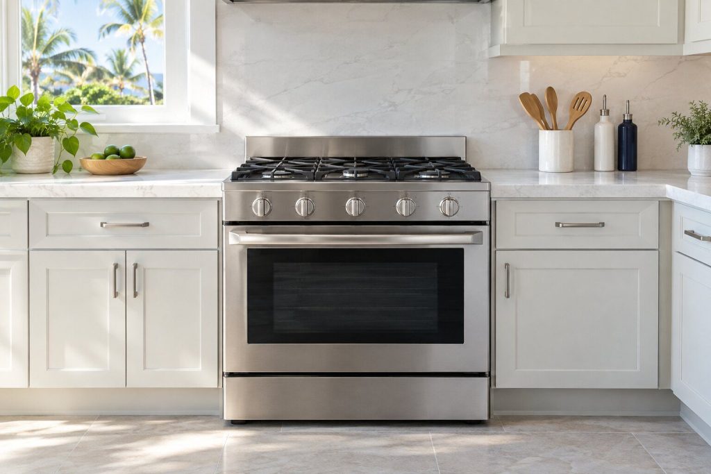 A 36-inch front control freestanding gas range set between pale cabinets in a bright kitchen, its cooking surface clean and empty, seen square on from a few feet back.
