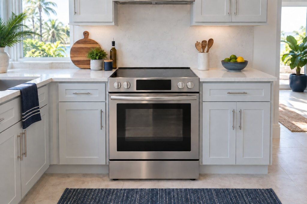 A 30-inch induction freestanding range set between pale cabinets in a bright kitchen, its cooking surface clean and empty, seen square on from a few feet back.