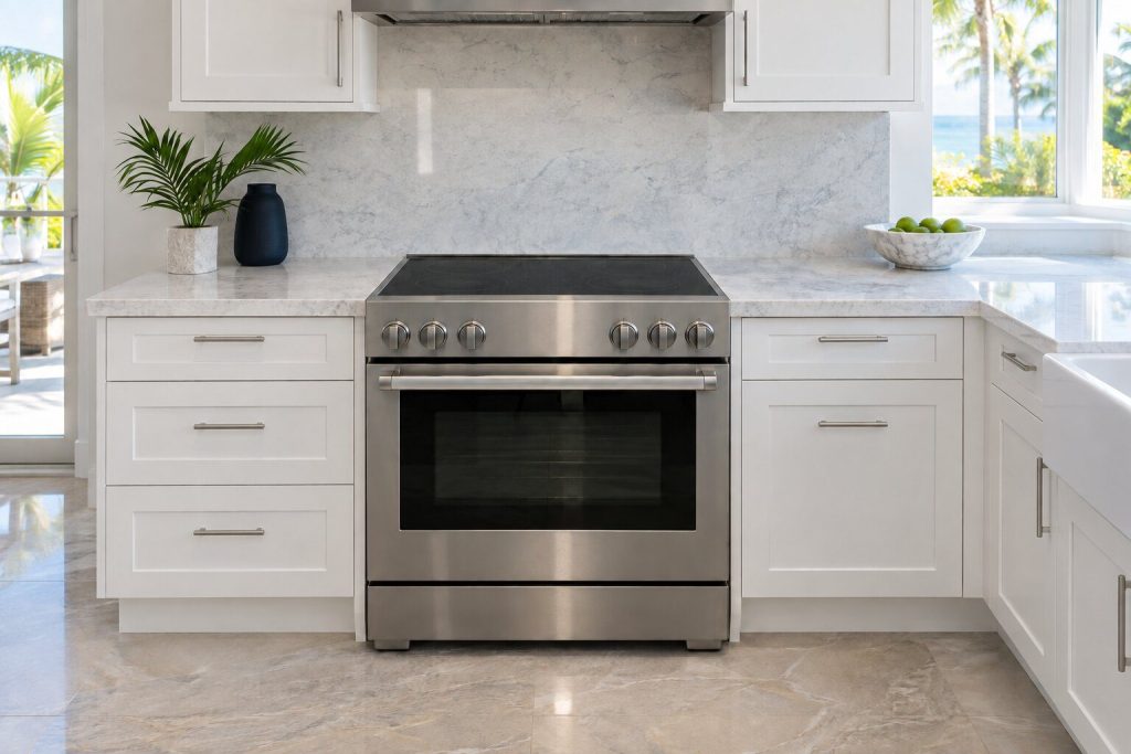 A 36-inch induction freestanding range set between pale cabinets in a bright kitchen, its cooking surface clean and empty, seen square on from a few feet back.