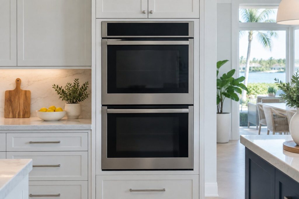 A 30-inch electric double wall oven with air sous vide built into a tall pale cabinet at chest height, its door closed, seen square on from a few feet back.