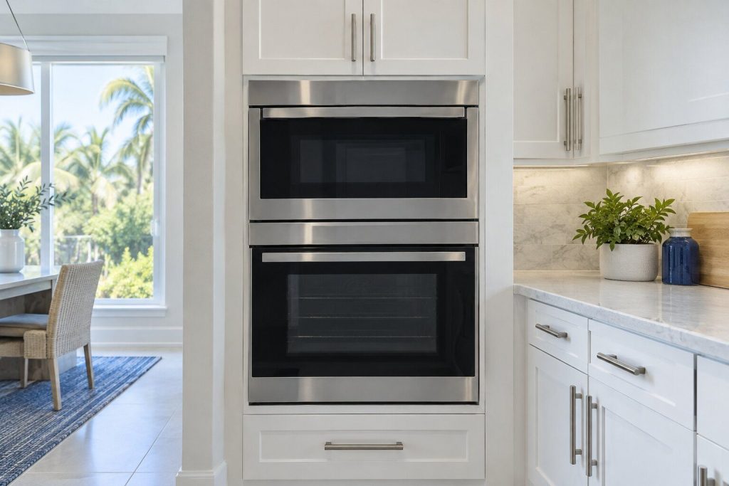 A 30-inch wall oven and microwave combination built into a tall pale cabinet at chest height, its door closed, seen square on from a few feet back.